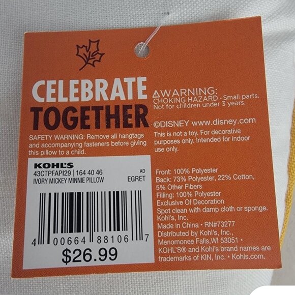 Disney Mickey & Minnie Mouse Ivory Fall Harvest Throw Pillow - Picture 7 of 10